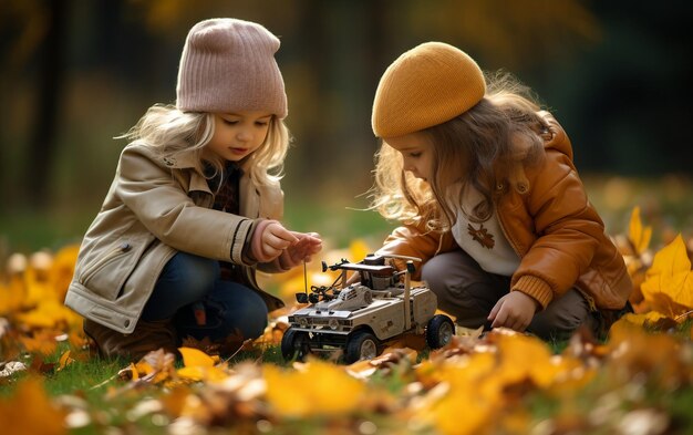 Foto niños y coche de juguete remoto