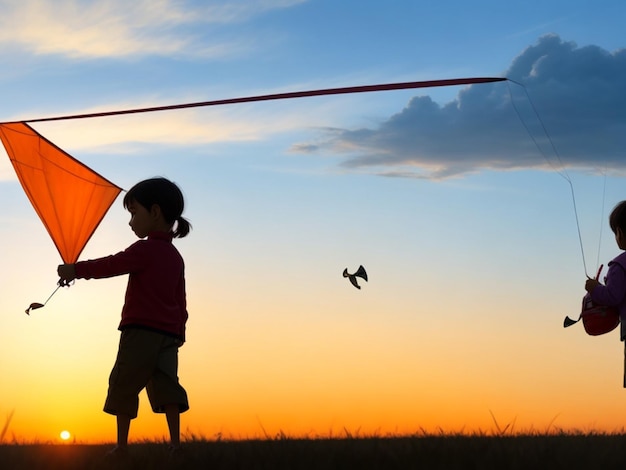 Niños con una cometa al atardecer