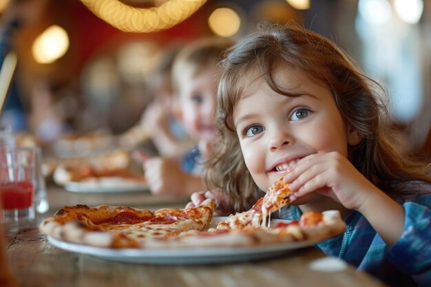 niños comiendo pizza sentados en una mesa