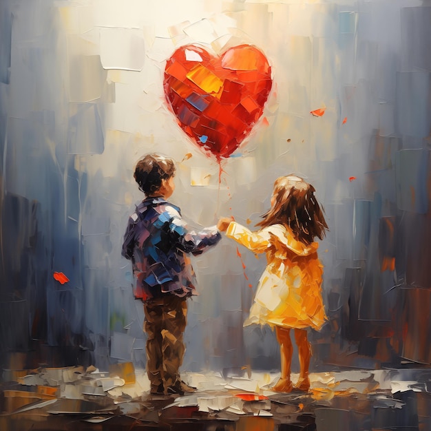 Foto niños compartiendo un globo en forma de corazón