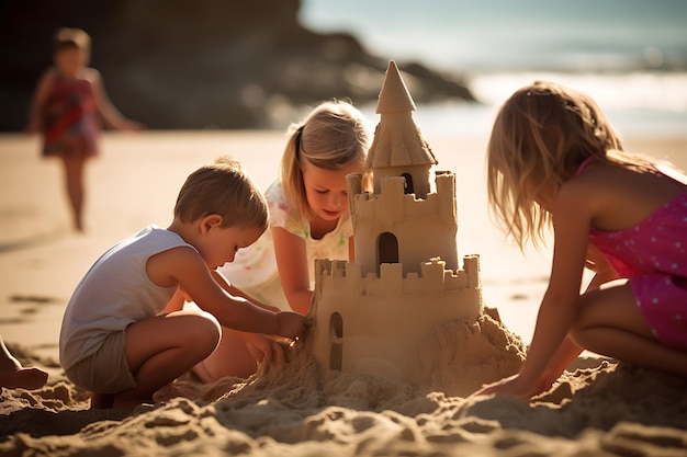 Niños construyendo castillos de arena y jugando en la arena