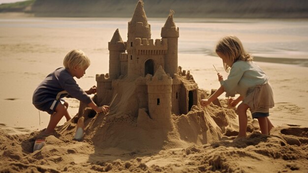 Niños construyendo castillos de arena