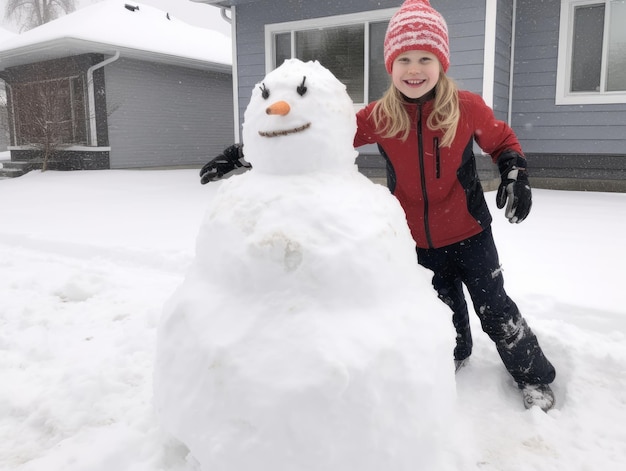 Niños construyendo un muñeco de nieve en un día de invierno
