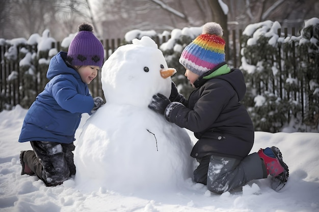 Niños construyendo muñecos de nieve en un día de invierno red neuronal generada arte
