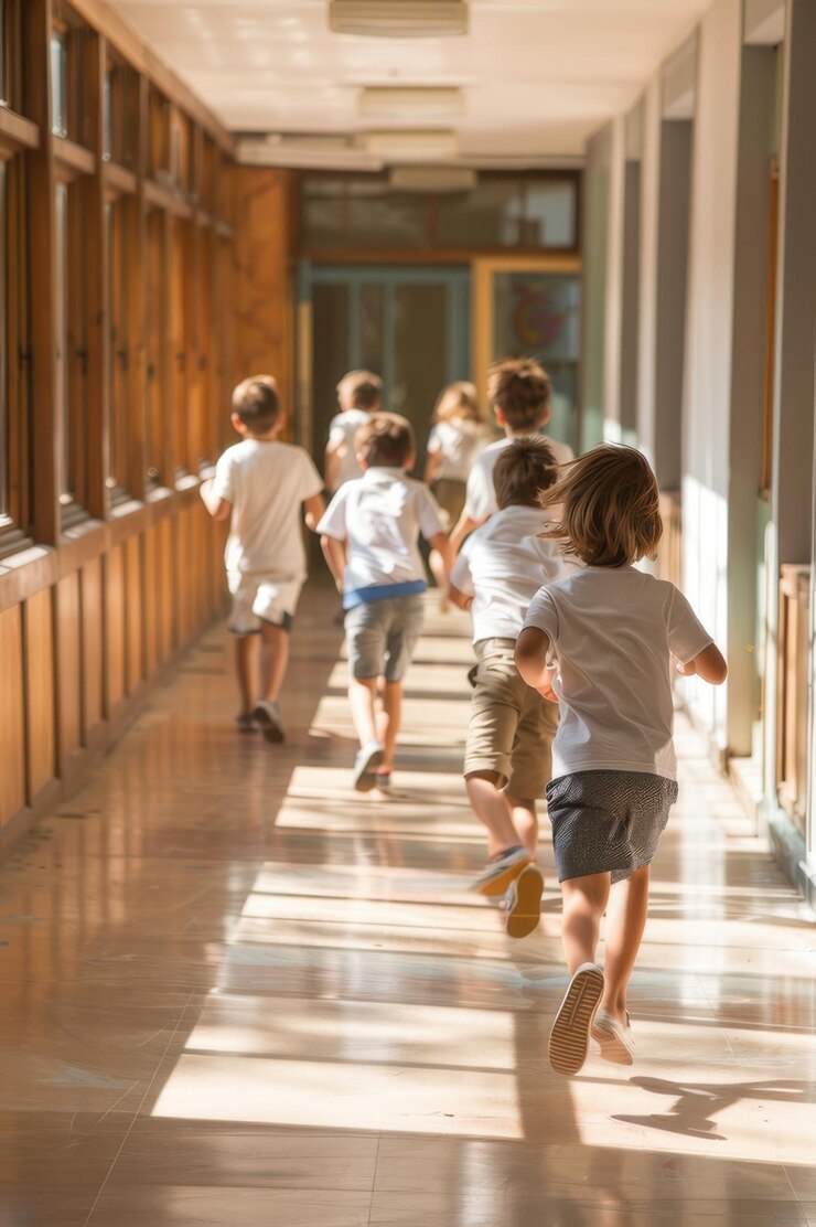 Los niños corren alegremente por el pasillo de la escuela emocionados por el nuevo año escolar y el adventio de aprendizaje