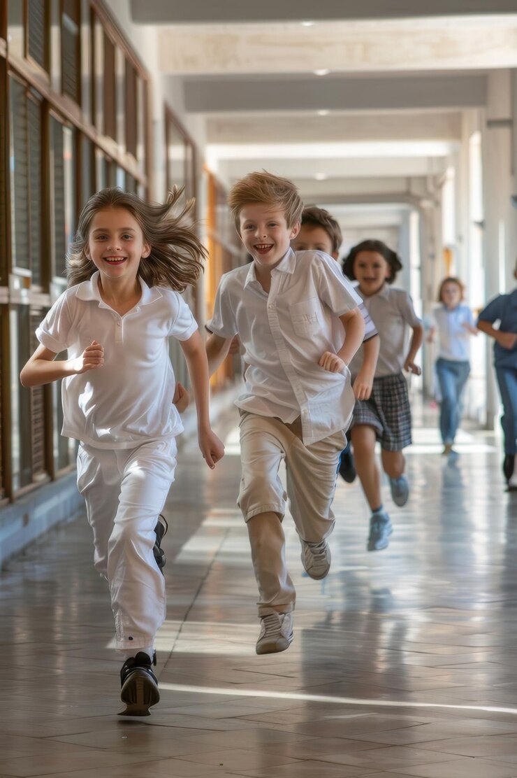 Los niños corren alegremente por el pasillo de la escuela emocionados por el nuevo año escolar y las aventuras de aprendizaje