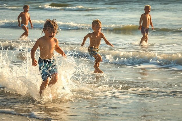 Los niños corren a la costa sus salpicaduras lúdicas haciendo eco de la pura alegría de las vacaciones en la playa