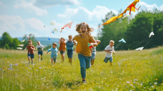 los niños corren por el prado en el parque con juguetes en sus manos concepto de sueño de niño de familia feliz un grupo de niños pequeños se divierten juntos y juegan con cometas voladoras, avión de estilo de vida de juguete