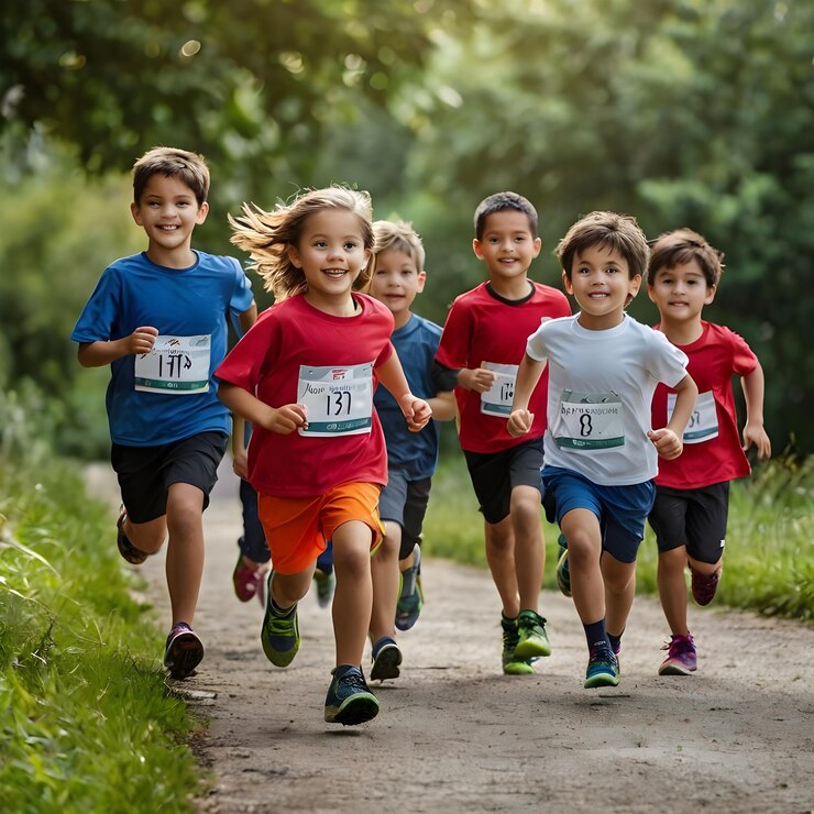 Niños corriendo atletas jóvenes corren en una carrera de niños corriendo en el césped detalle en las piernas corriendo a la luz de la mañana