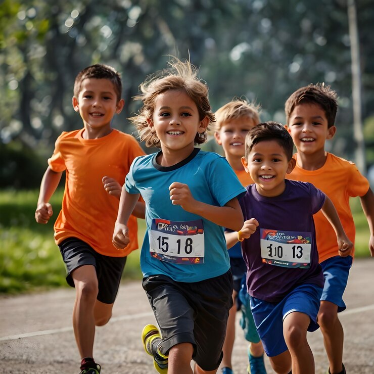 Niños corriendo atletas jóvenes corren en una carrera de niños corriendo en el césped detalle en las piernas corriendo a la luz de la mañana