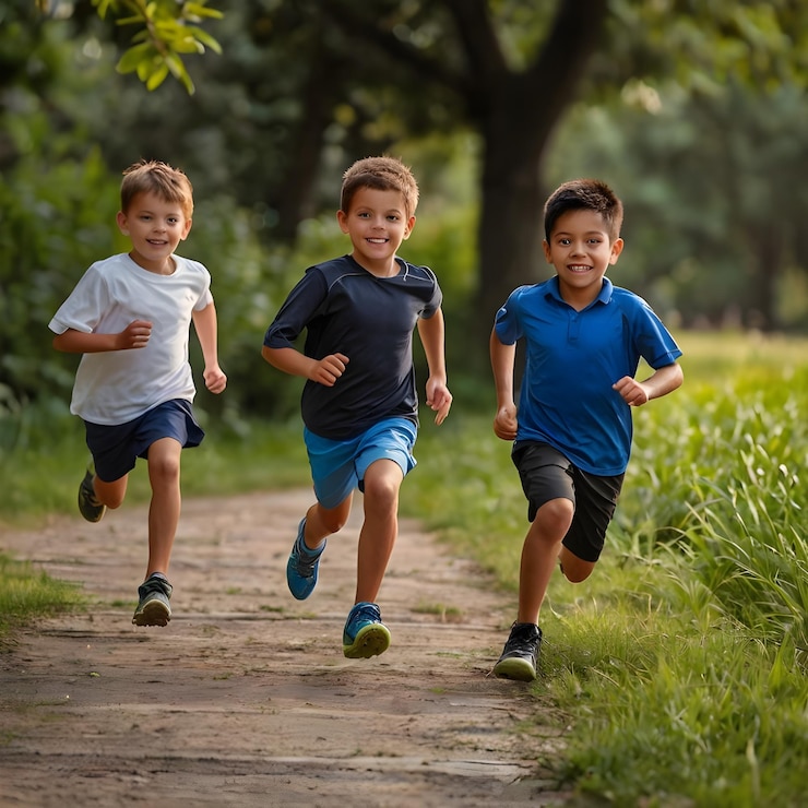 Niños corriendo atletas jóvenes corren en una carrera de niños corriendo en el césped detalle en las piernas corriendo a la luz de la mañana