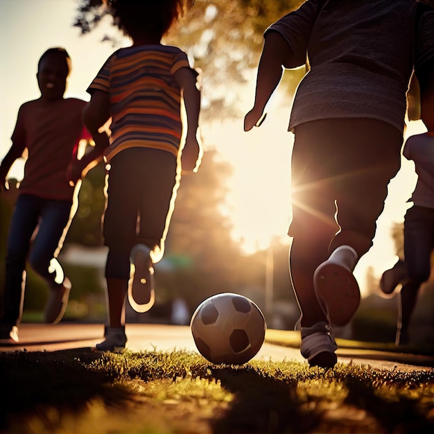 Niños corriendo tras un balón de fútbol en el césped