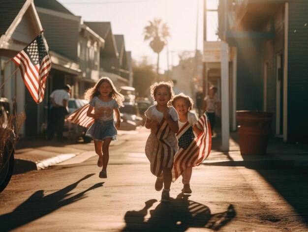 Niños corriendo con banderas americanas celebrando el día de la independencia IA generativa