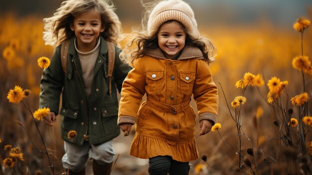 Niños corriendo por el bosque en otoño