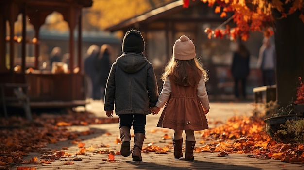 Niños corriendo por el bosque en otoño