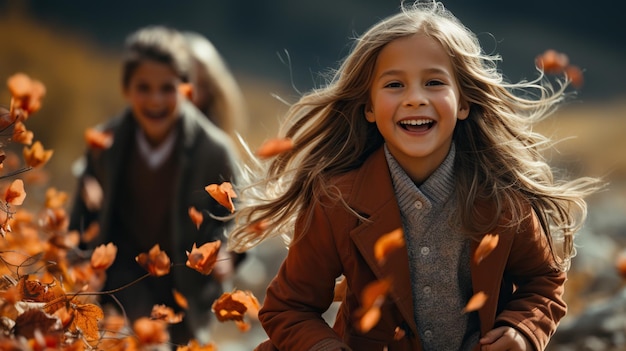 Niños corriendo por el bosque en otoño