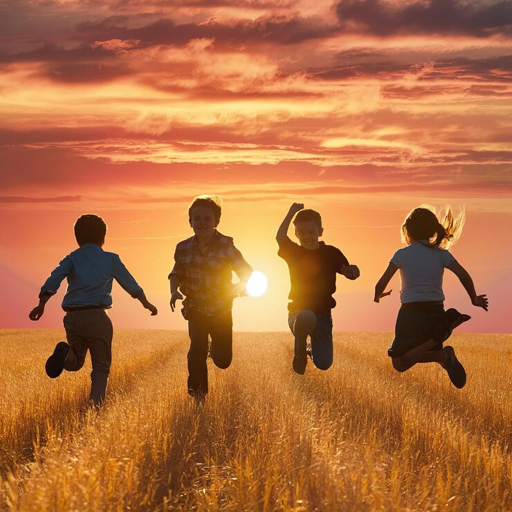 niños corriendo en un campo al atardecer