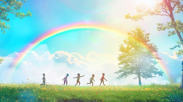 niños corriendo en un campo con un arco iris en el cielo