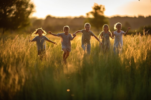 Niños corriendo por un campo de hierba alta con los brazos extendidos verano