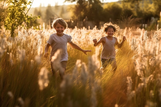 Niños corriendo por un campo de hierba alta con los brazos extendidos verano