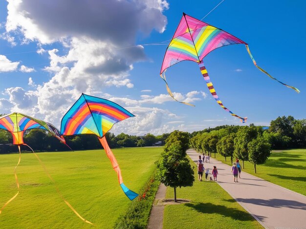 Foto niños corriendo con cometas coloridos en el parque en un día de verano con un cielo azul y hierba verde