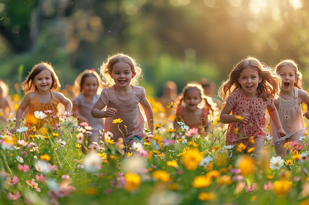 Niños corriendo y jugando alegremente en un parque soleado