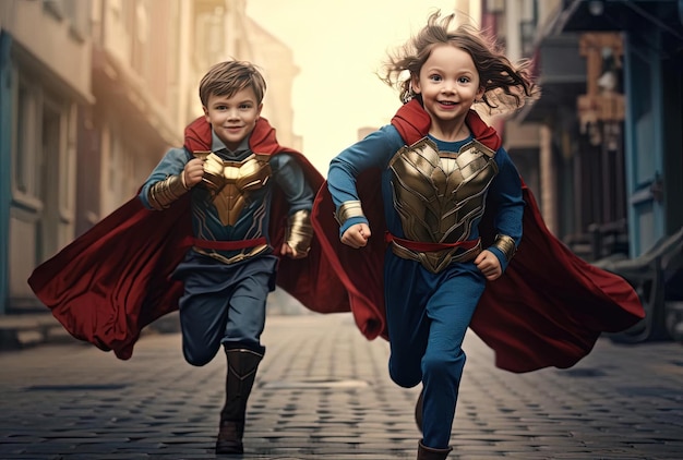 Foto niños corriendo con trajes de superhéroes al estilo de la inspiración histórica