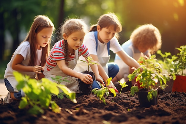 Niños de la cosecha educativa explorando opciones de alimentos saludables en un jardín escolar en National Child He