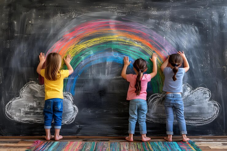 Los niños crean un arco iris de colores en una pared de pizarra