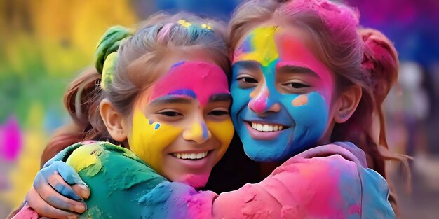 Los niños cubiertos de polvo de colores juegan durante el festival de Holi con arco iris de colores