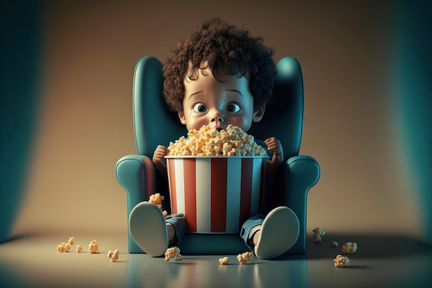 Niños con cubo gigante de palomitas de maíz en la parte superior del asiento del teatro viendo una película Concepto de cine