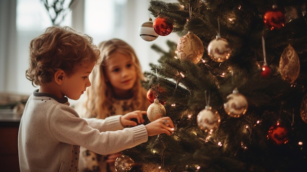 los niños decoran el árbol de Navidad con adornos IA generativa