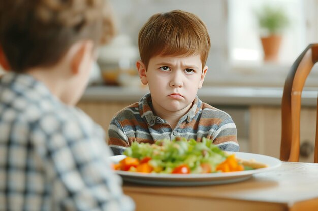 Los niños descontentos se niegan a comer ensalada nutritiva en casa en la cocina