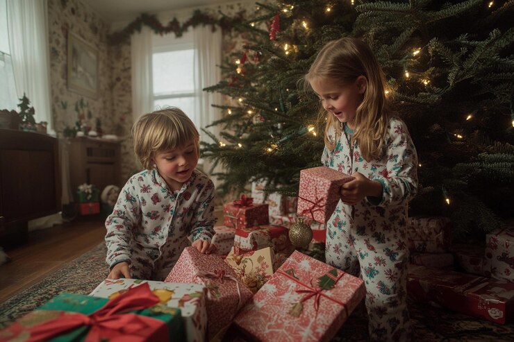 Los niños desempachan con alegría los regalos junto a un árbol de Navidad decorado en un entorno casero acogedor.
