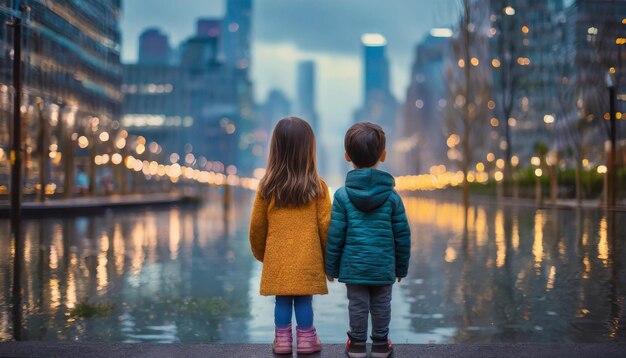 Niños desolados miran a una ciudad inundada en la luz tenue transmitiendo desesperación y pérdida a través de conmovedoras e