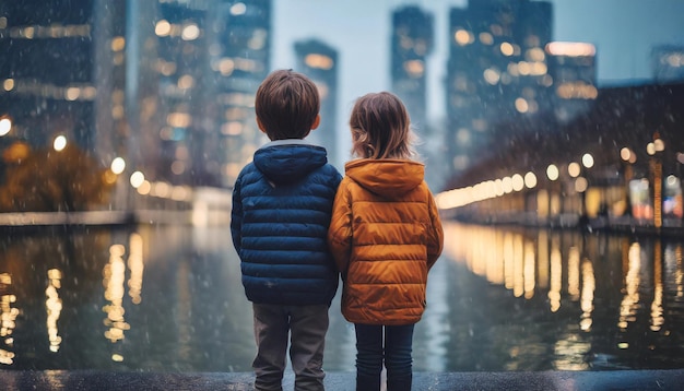 Niños desolados miran a una ciudad inundada en la luz tenue transmitiendo desesperación y pérdida a través de conmovedoras e