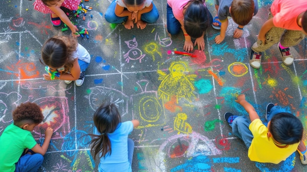 Niños dibujando felizmente con tiza durante un divertido evento recreativo AIG41