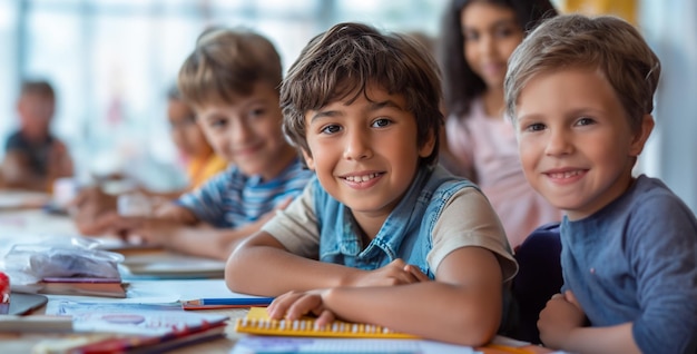 niños dibujando con lápices felices niños de Vancouver estudiando mirando y sonriendo