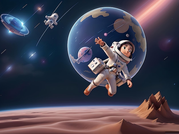 Niños dibujos animados anime Viaje espacial astronauta arte digital ilustración IA generativa