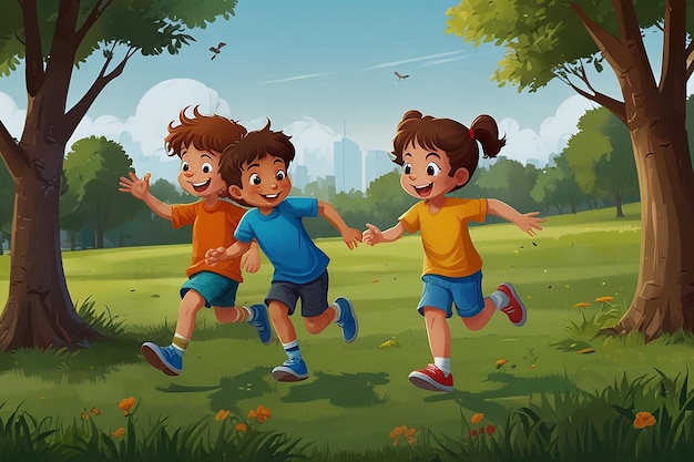 Los niños de dibujos animados jugando a la diversión de las praderas