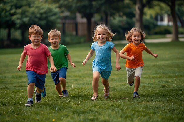 Los niños de dibujos animados jugando a la diversión de las praderas