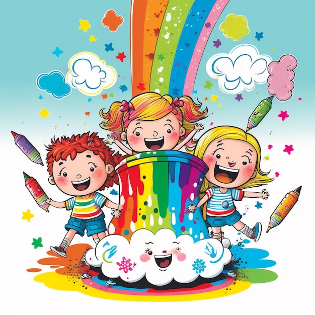 Foto niños de dibujos animados con pintura de arco iris y nubes generativo ai