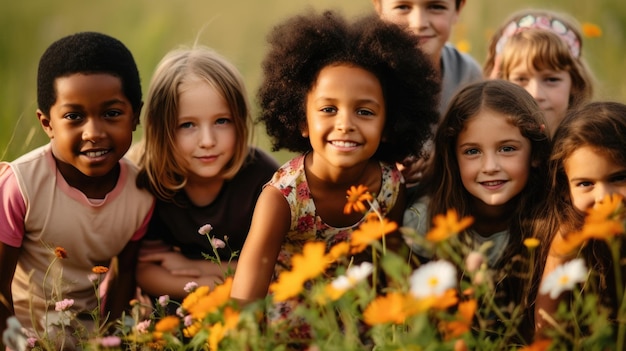 Niños de diferentes culturas, razas y etnias disfrutan juntos en un prado con flores