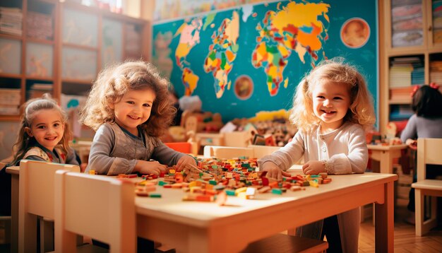 Foto niños de diferentes razas juegan y aprenden en una guardería