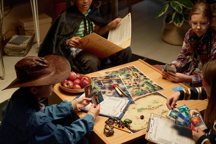 Foto niños disfrazados jugando a un juego de mesa.
