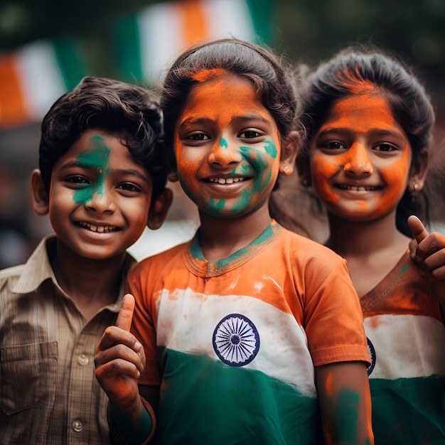 Niños disfrutan del Día de la Independencia con camisetas indias tricolores en la cara