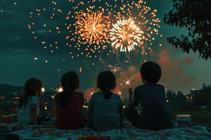 Los niños disfrutan de los fuegos artificiales por la noche