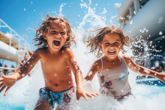 Los niños disfrutan de momentos lúdicos salpicándose de alegría en la animada zona de la piscina del barco