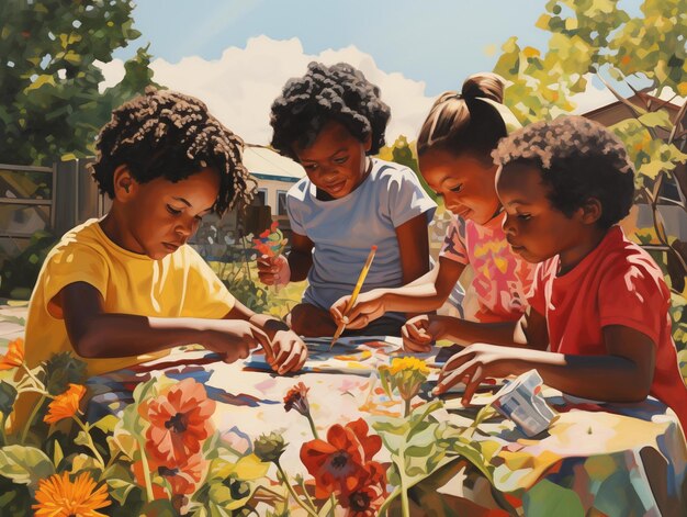 Niños disfrutando de artes y artesanías al aire libre en un día soleado