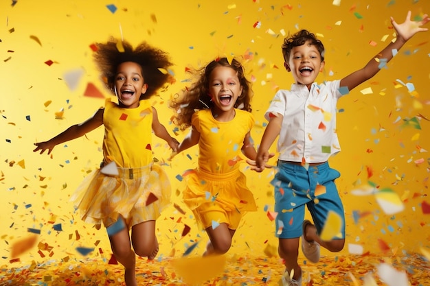 Niños disfrutando de unas coloridas vacaciones saltando con IA generativa